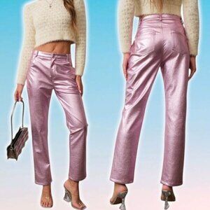 NWT HOUSE OF HARLOW 1960 Metallic Faux Leather Straight Leg Pants Women's 2 Pink